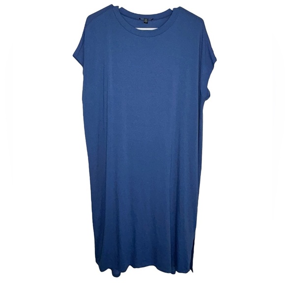 Eileen Fisher Coast Blue Crewneck Boxy Shirt Dress Size Large Lagenlook Boho - Picture 6 of 6